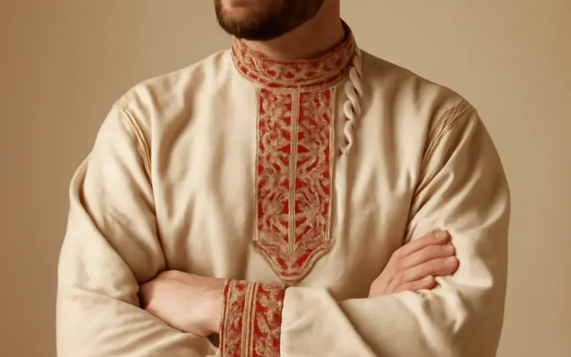 Homme en kosovorotka brodee avec ceinture traditionnelle russe
