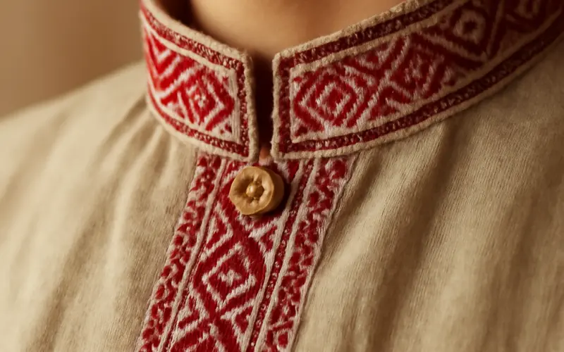 Detail des broderies protectrices sur le col d'une kosovorotka