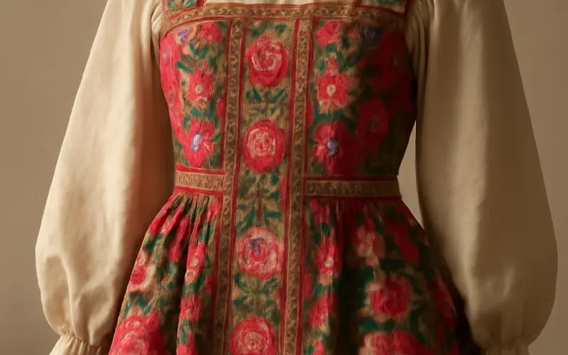 Sarafan traditionnel russe richement brode avec motifs floraux