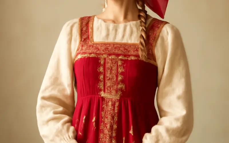 Femme portant un sarafan russe traditionnel rouge avec broderies dorees