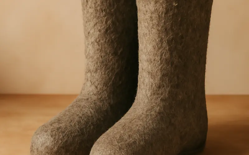 Paire de valenki traditionnels en feutre gris naturel