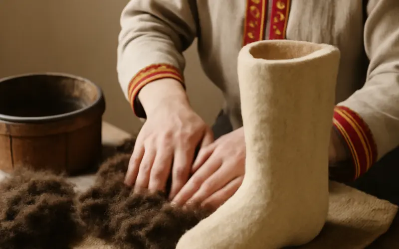 Fabrication artisanale de valenki par foulage de la laine