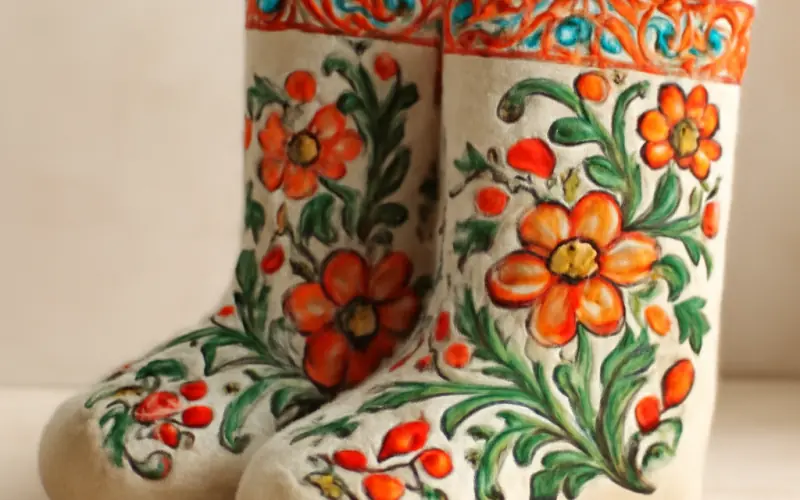 Valenki decores avec motifs traditionnels russes colores