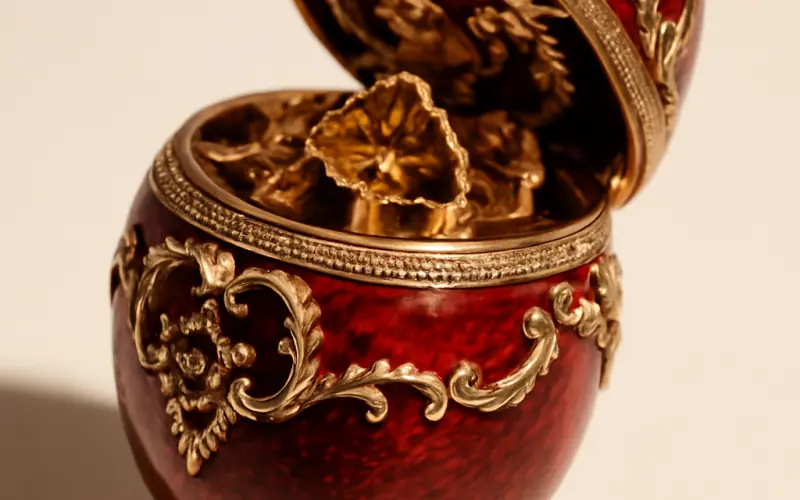 Details des mecanismes et materiaux precieux d'un oeuf de Faberge