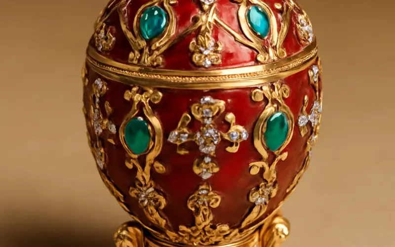 Detail des emaux et pierres d'une replique d'oeuf de Faberge