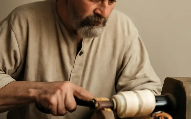 Artisan tourneur sur bois fabriquant une matriochka sur un tour traditionnel