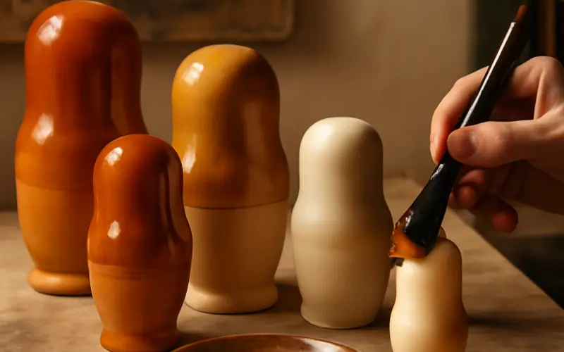 Matriochkas artisanales en cours de laquage dans un atelier traditionnel