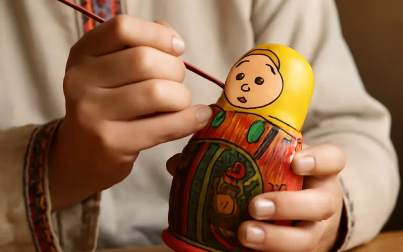 Artisan peignant une matriochka a la main avec des details de costume