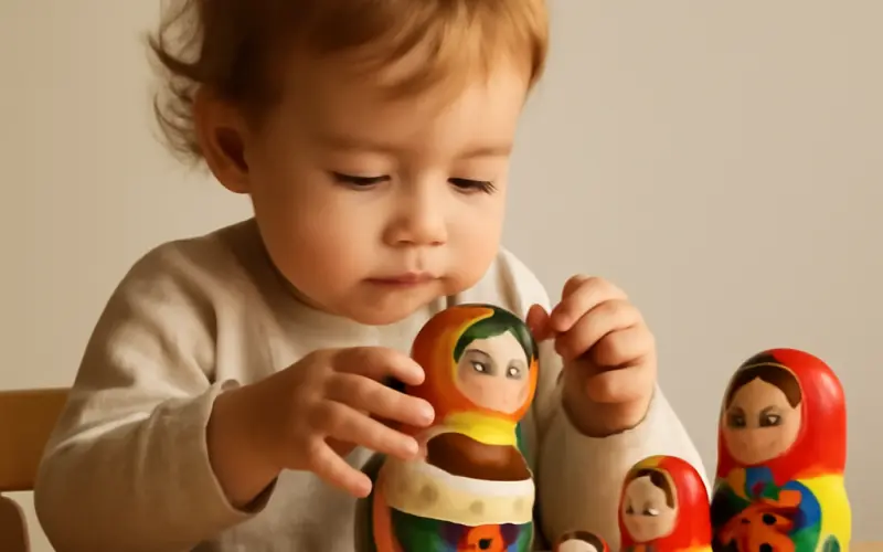 Enfant jouant avec une matriochka en bois aux couleurs vives