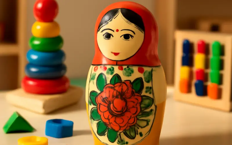Matriochka jouet en bois dans un environnement de jeu educatif