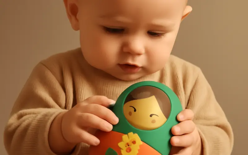 Bebe manipulant une matriochka en silicone coloree
