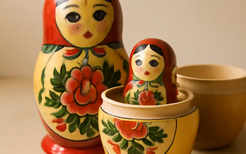 Poupee gigogne russe traditionnelle ouverte montrant les pieces emboitees