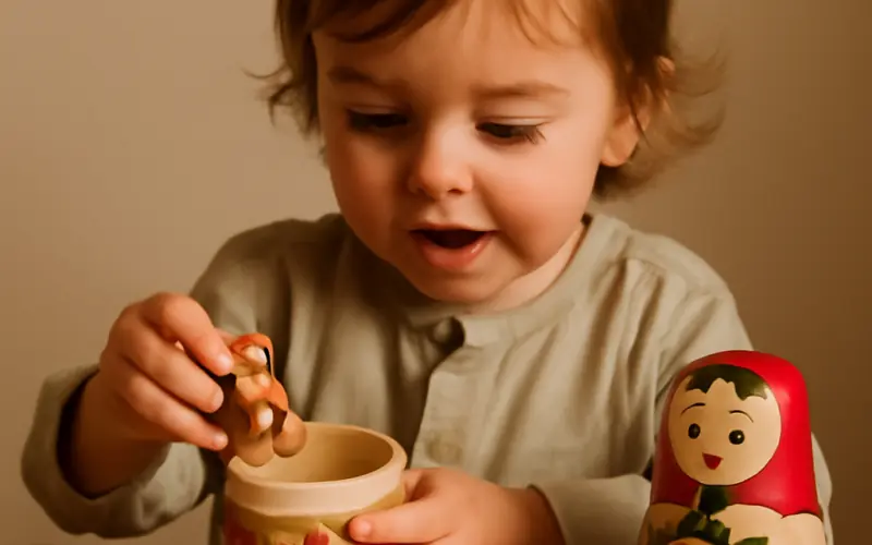 Enfant decouvrant les poupees emboitees d'une poupee russe jouet